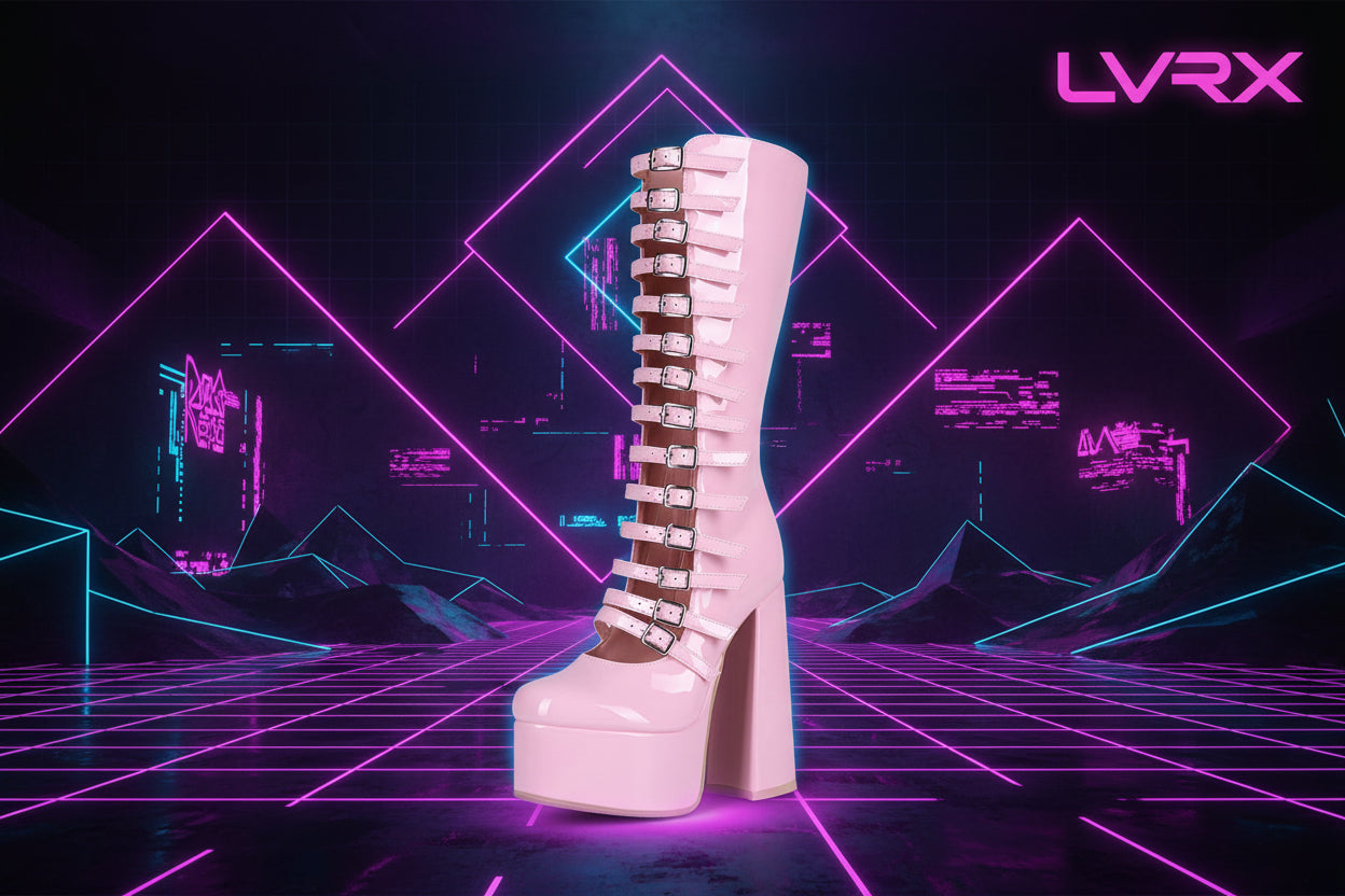 Pink platform boot with multiple straps 