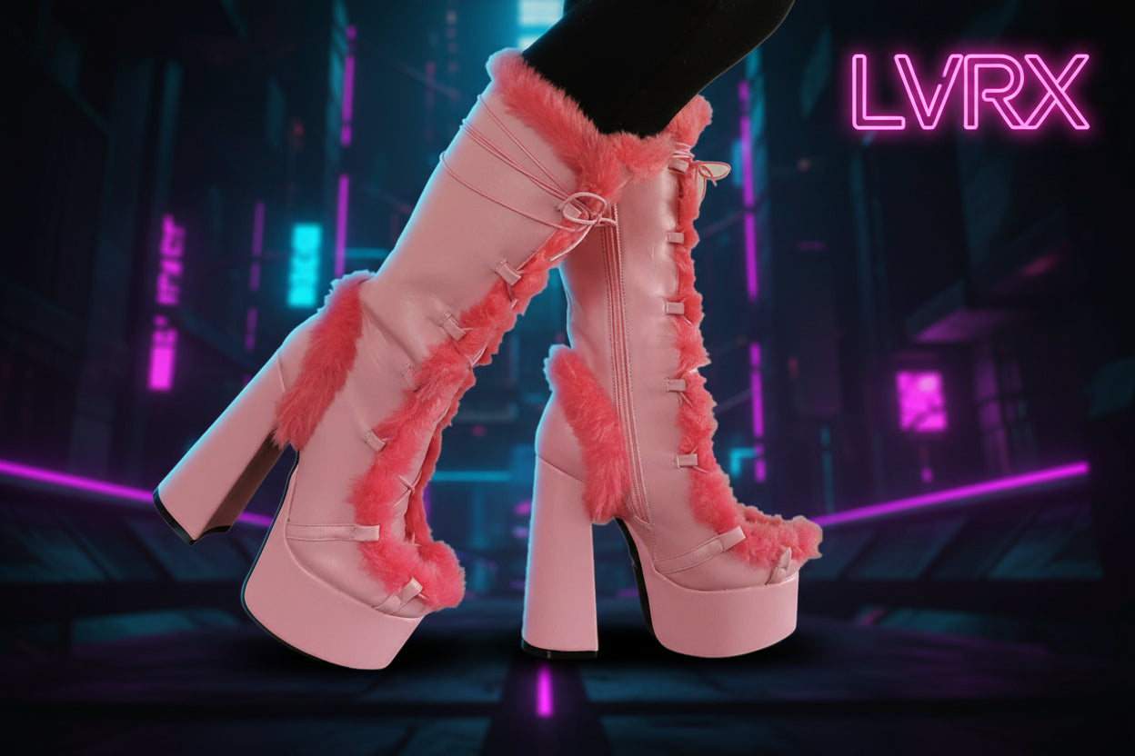 Pink platform boots with red fuzzy trim 
