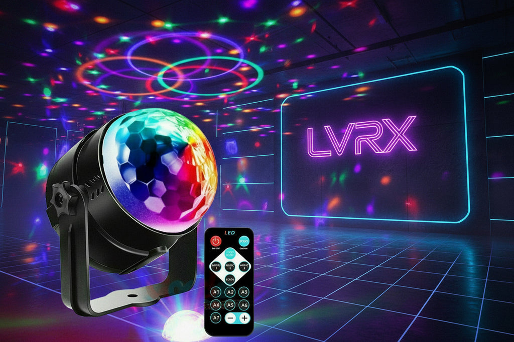 Colorful disco ball with remote control on a dark background