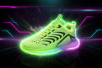 Bright green athletic shoe with black accents on a white background