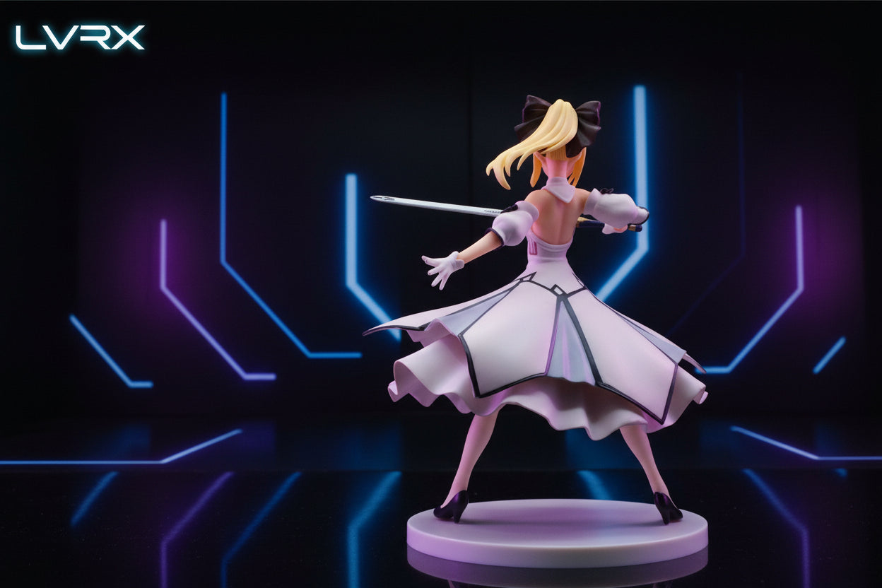 Figurine of a character in a white dress with black accents on a white background