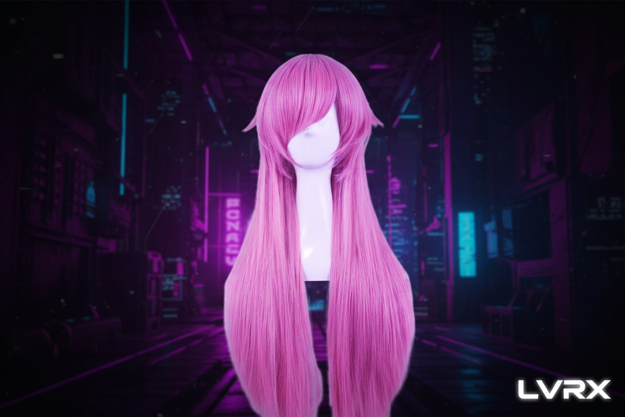 Pink wig on a white mannequin head with a white background