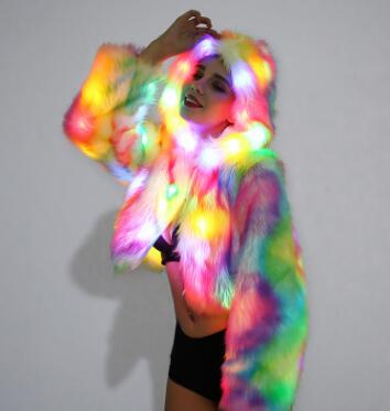 Women Faux Fur Outwear Winter Light Up Burning Glow Fluffy Sparking Rainbow LED Costume Waistcoat