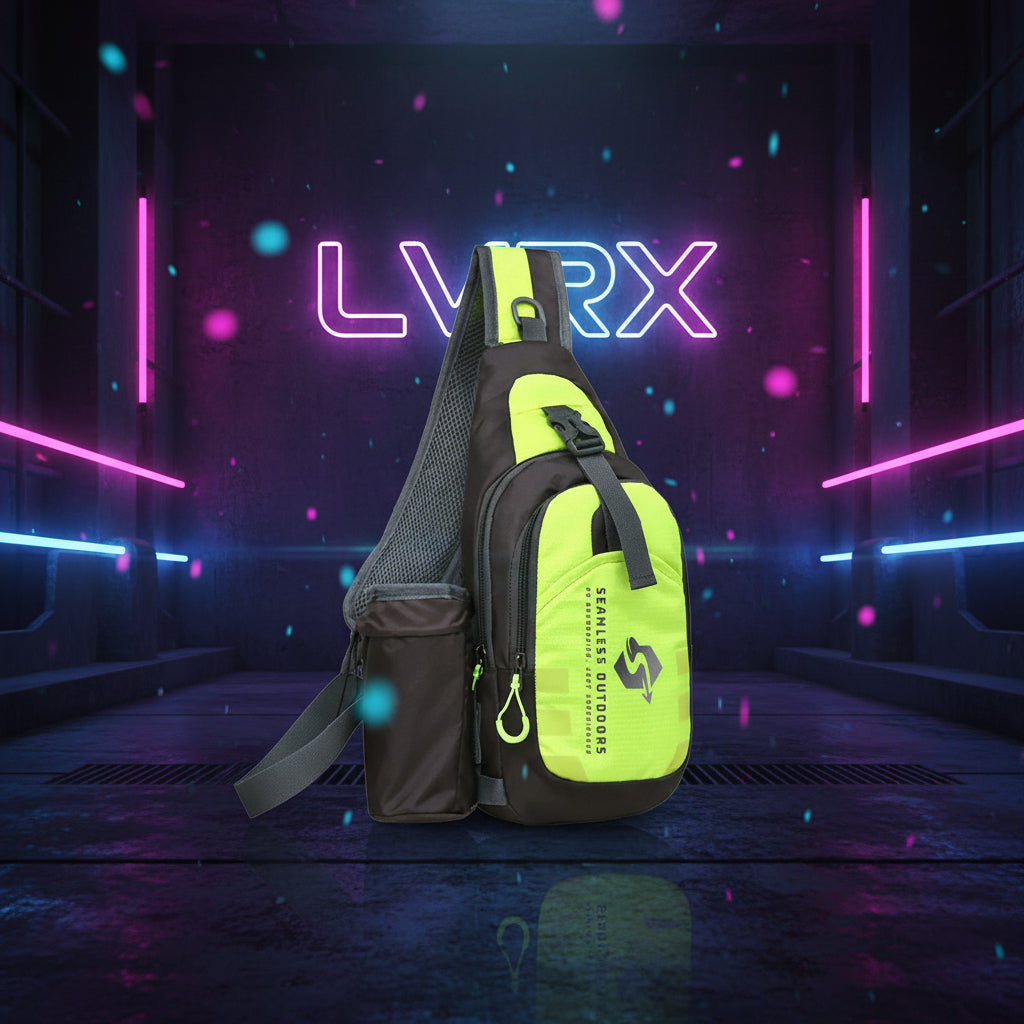 Green and black sling bag with a water bottle 