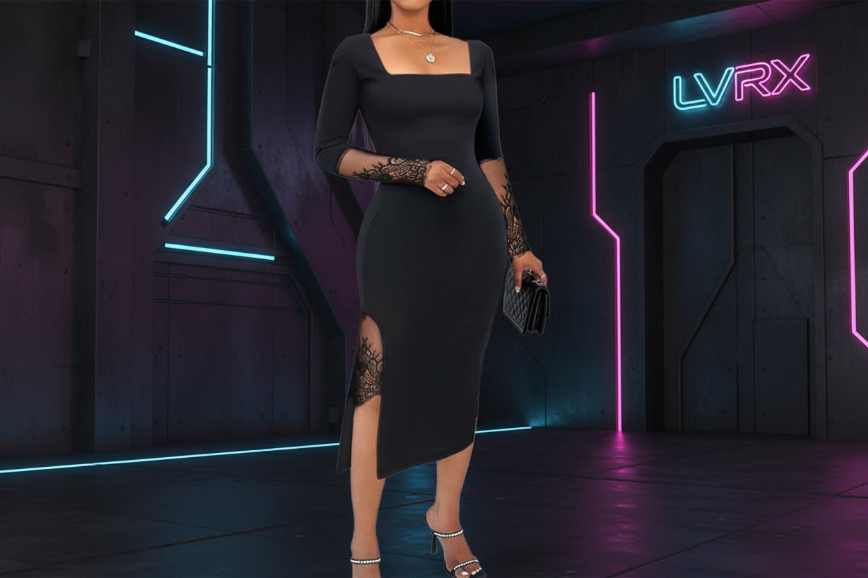 Woman wearing a black dress with a high slit in a modern indoor setting