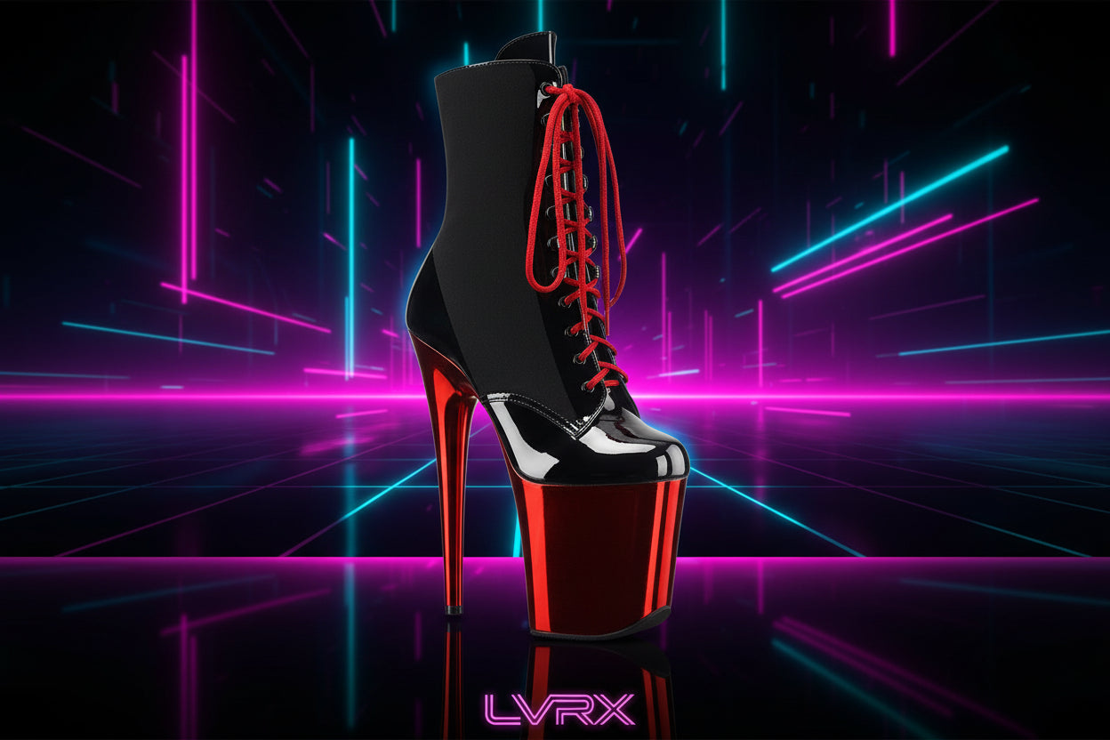 Black and red high-heeled platform boot with red laces 
