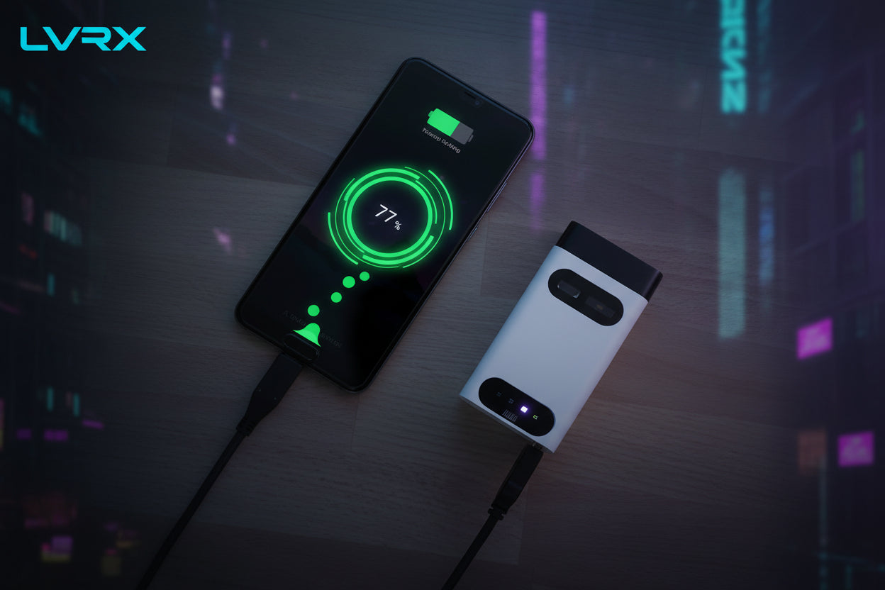 Smartphone with charging cable connected to a white power bank on a wooden surface