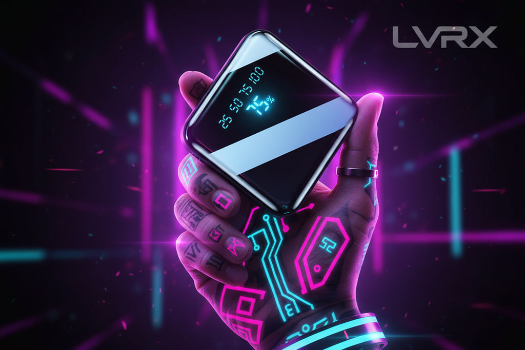 Hand holding a small rectangular device with a digital display on a dark background