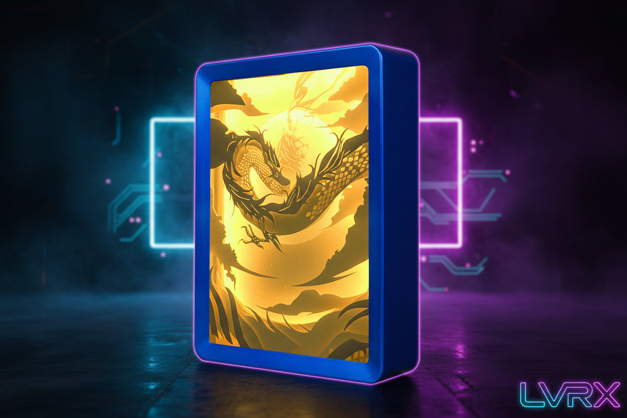 Card with a dragon design on a blue border against a yellow background