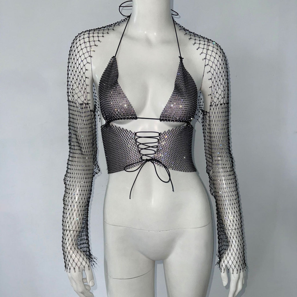 Drawstring Rhinestone Fishnet Vest