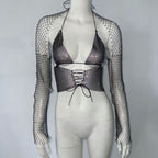 Drawstring Rhinestone Fishnet Vest