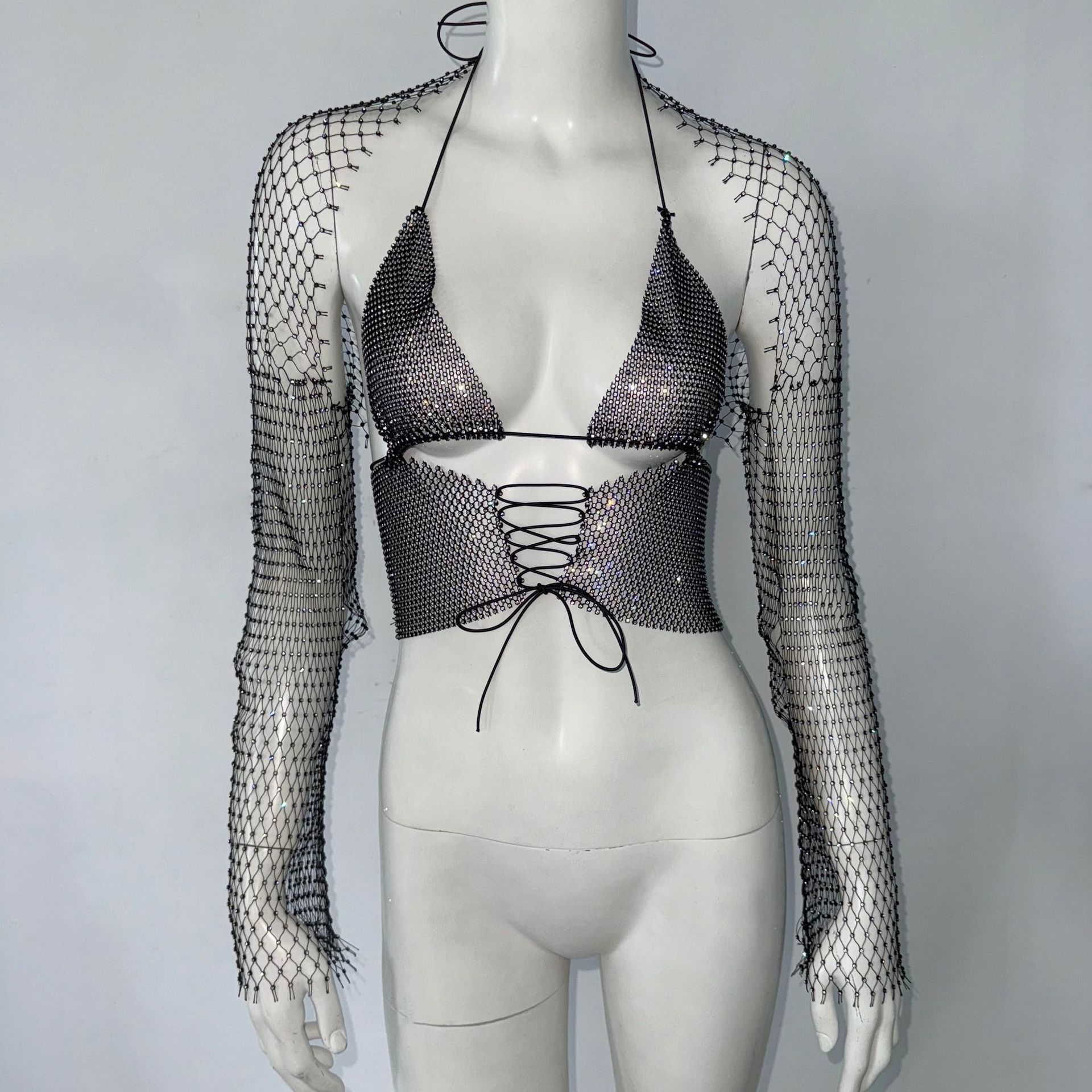 Drawstring Rhinestone Fishnet Vest