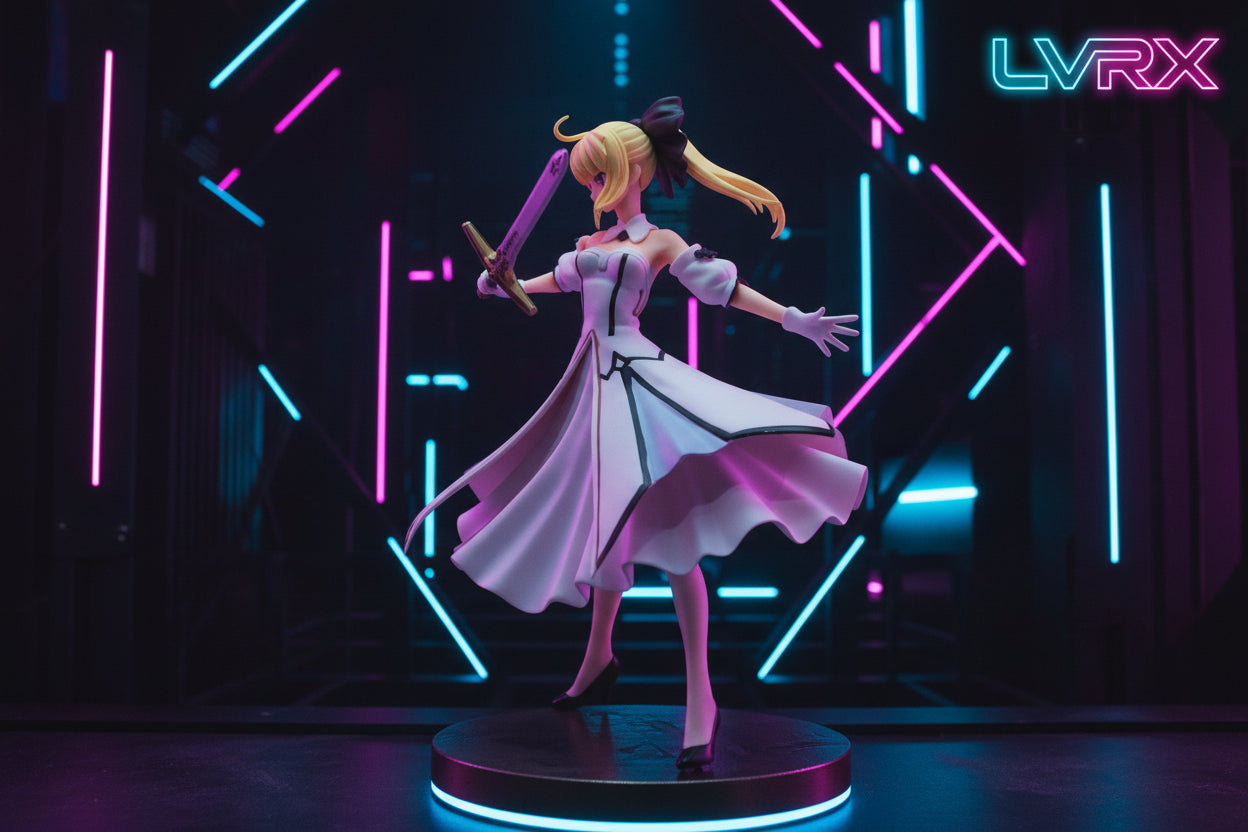 Figurine of a character in a white outfit with a sword on a white background