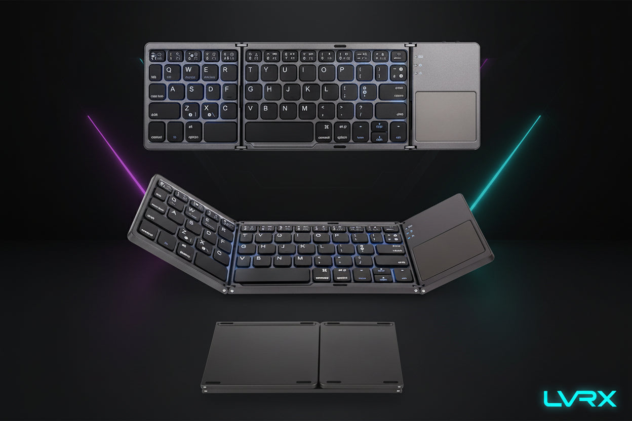 Foldable keyboard with customizable logo area on a white background