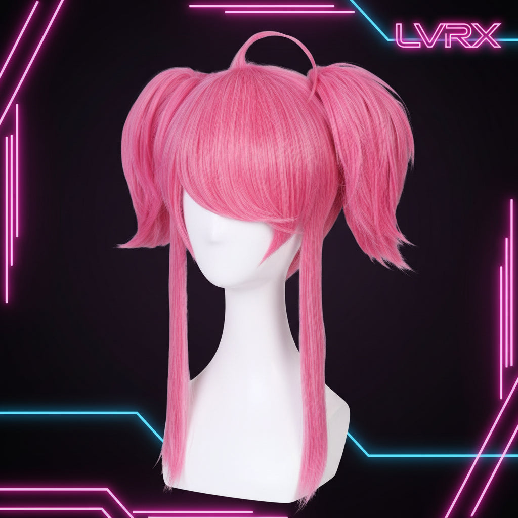 Pink wig with twin buns on a mannequin head against a white background
