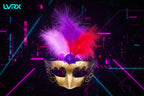 Gold mask with purple and red feathers on a white background