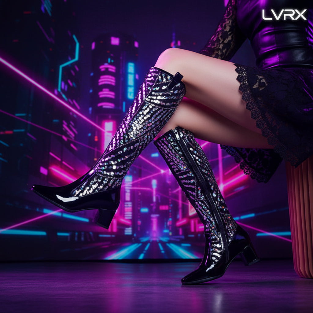 Black and silver patterned knee-high boots