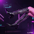 Black knee-high boots with patterned design 