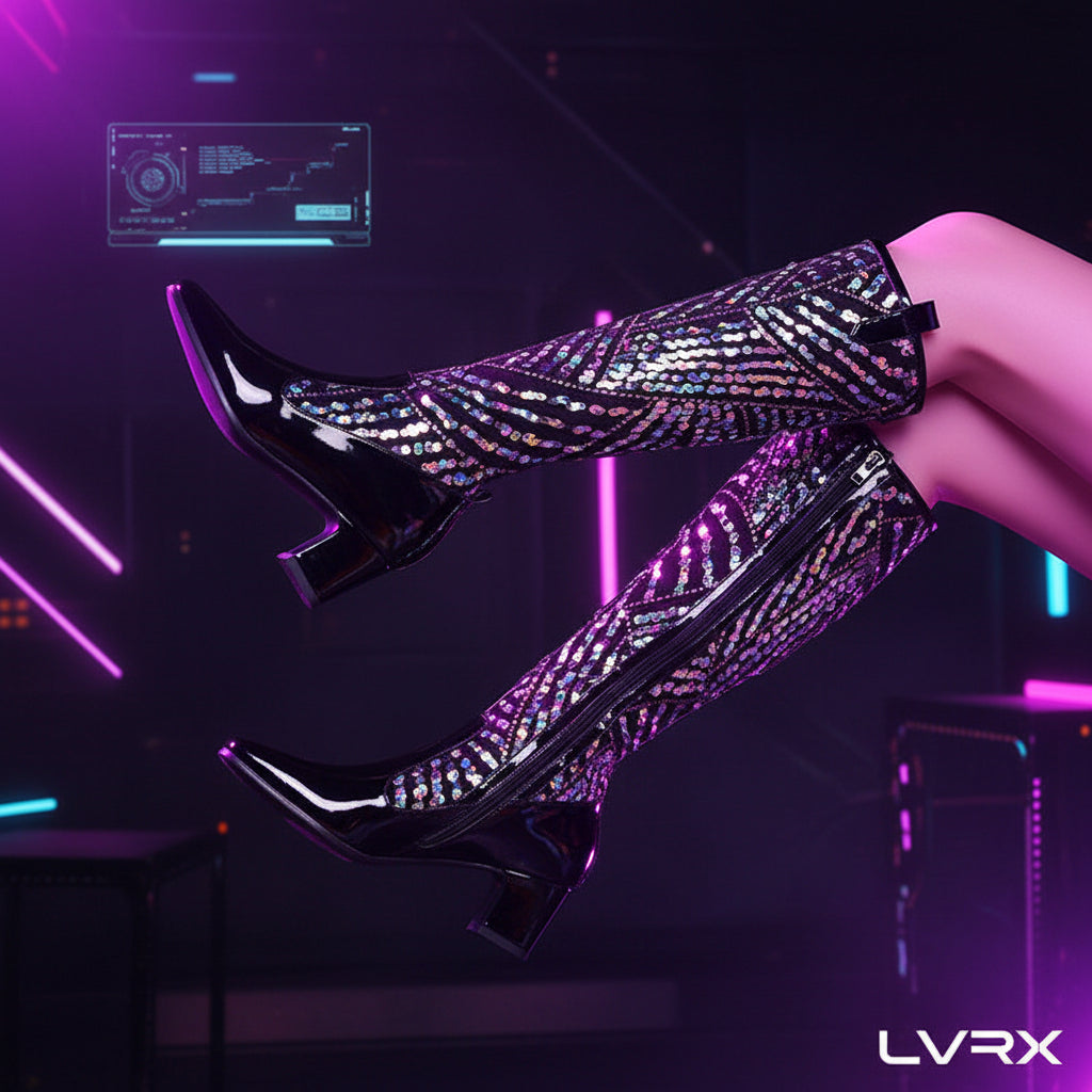 Black knee-high boots with patterned design 