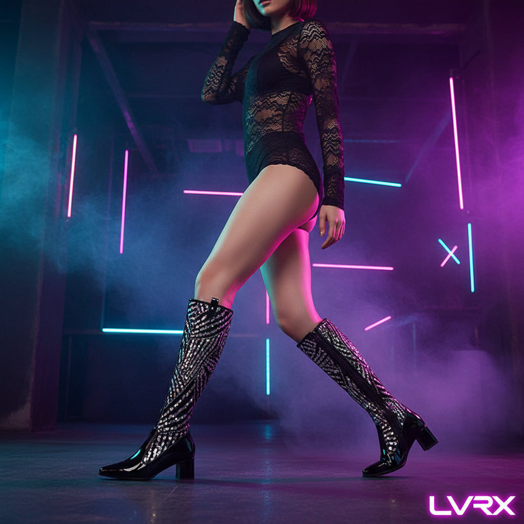 Black and white patterned knee-high boots worn by a person sitting 