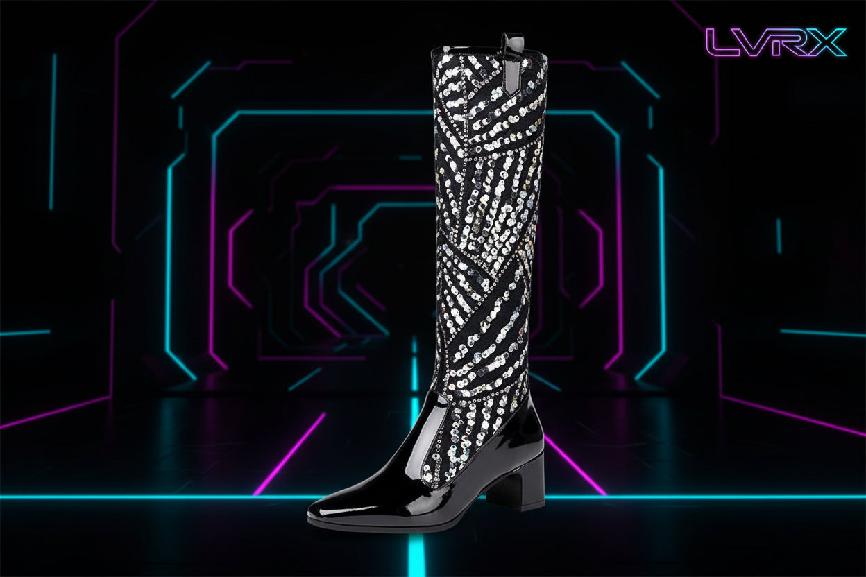 Black knee-high boot with white pattern 