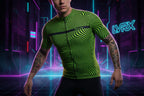 Person wearing a green and black wavy patterned cycling jersey 