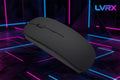 Black computer mouse on a blue and gray gradient background