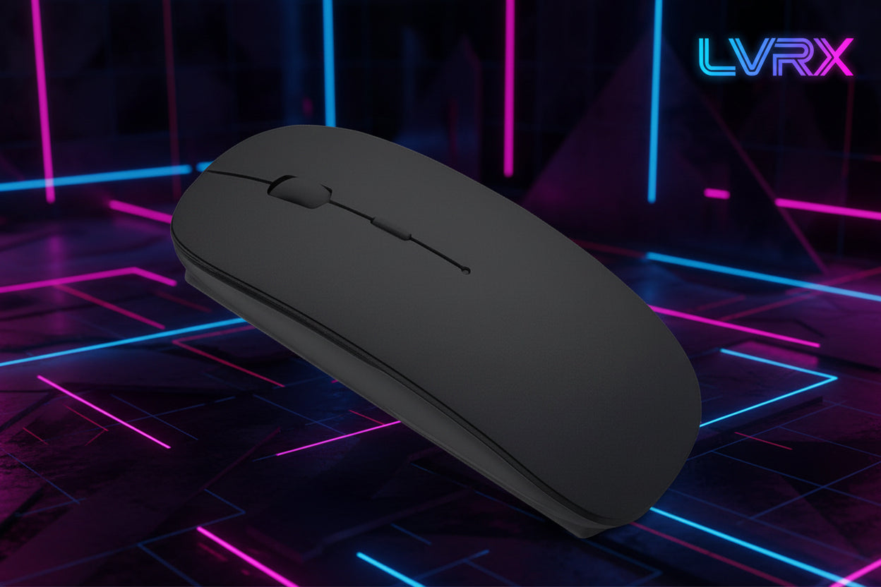 Black computer mouse on a blue and gray gradient background