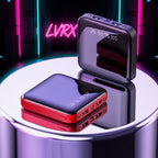 Two portable power banks, one red and one black with digital display, on a reflective surface.