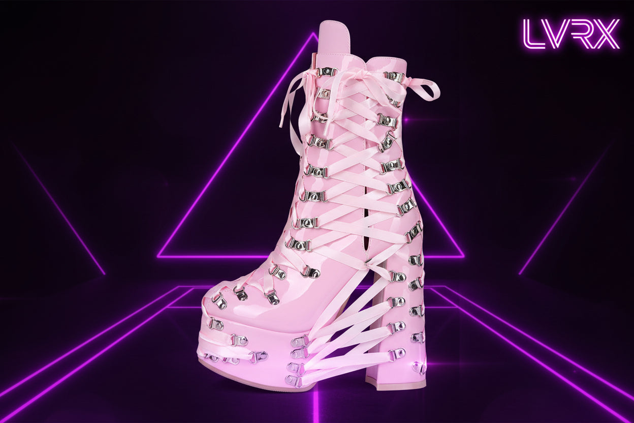 Pink platform boots with silver accents 