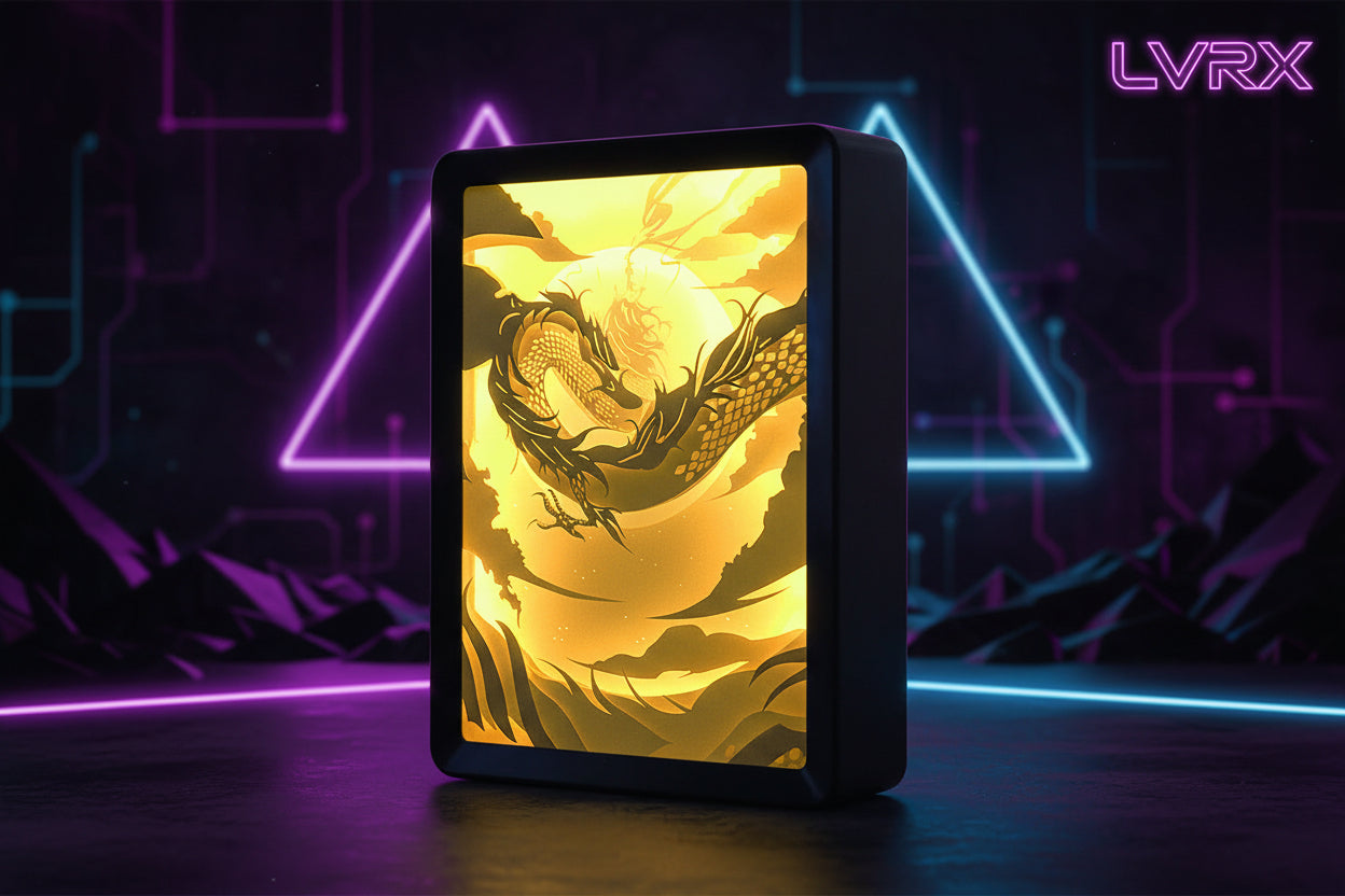 Rectangular light box with a dragon design on a yellow background