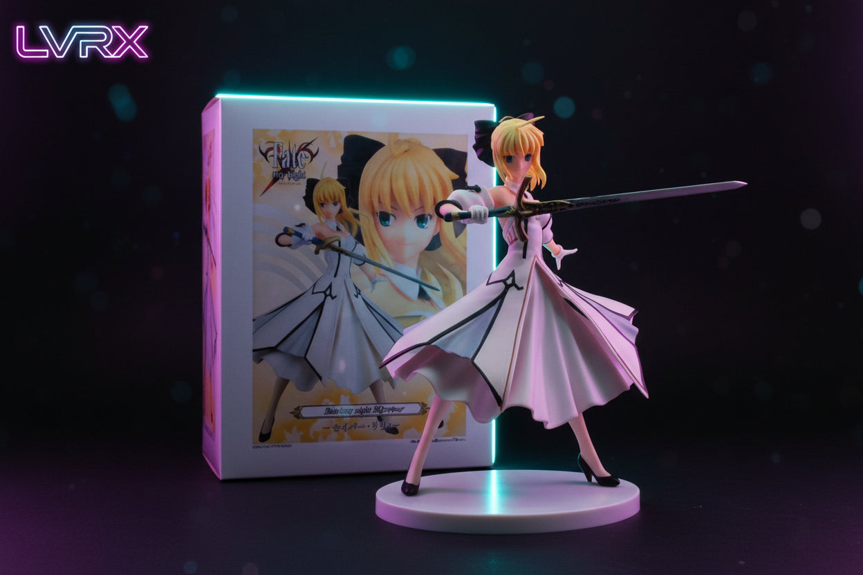 Anime character figurine with a sword in front of promotional material