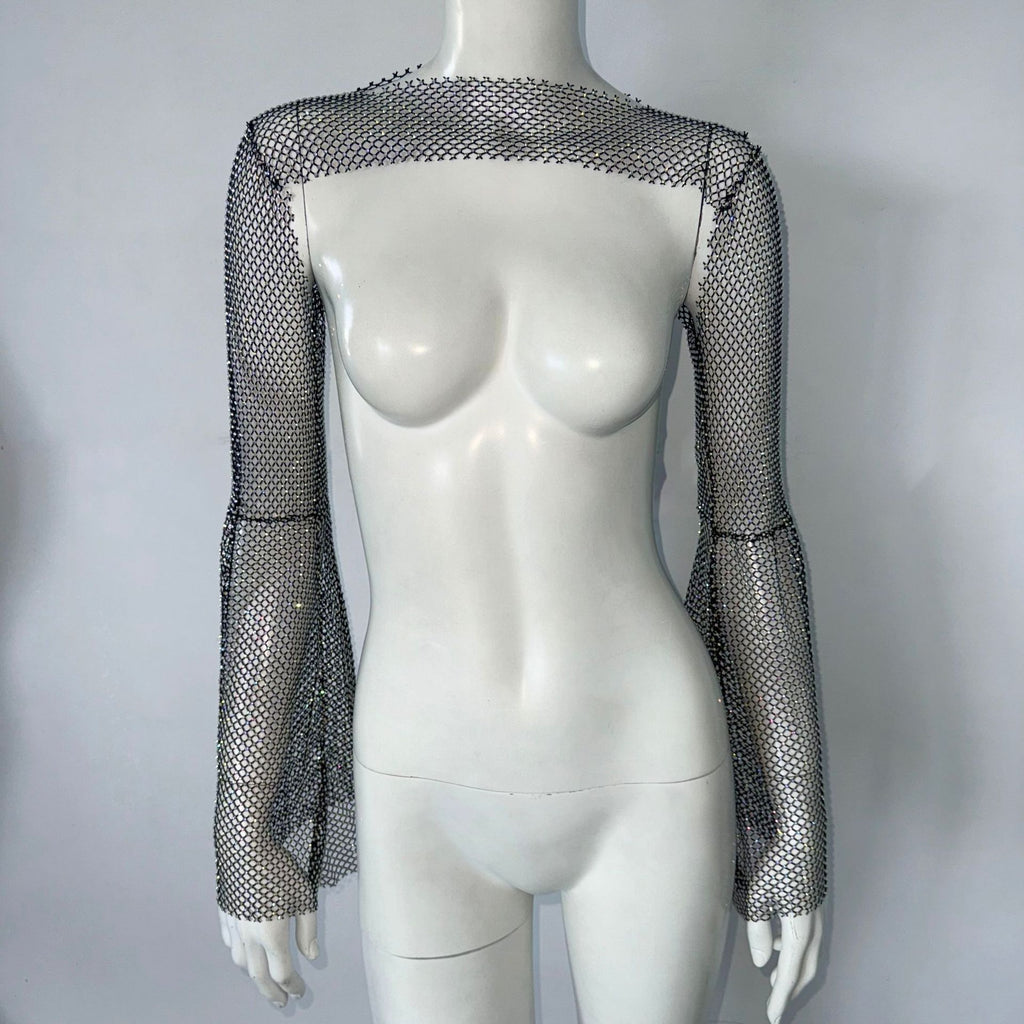 Stretch Rhinestone Fishnet Blouse