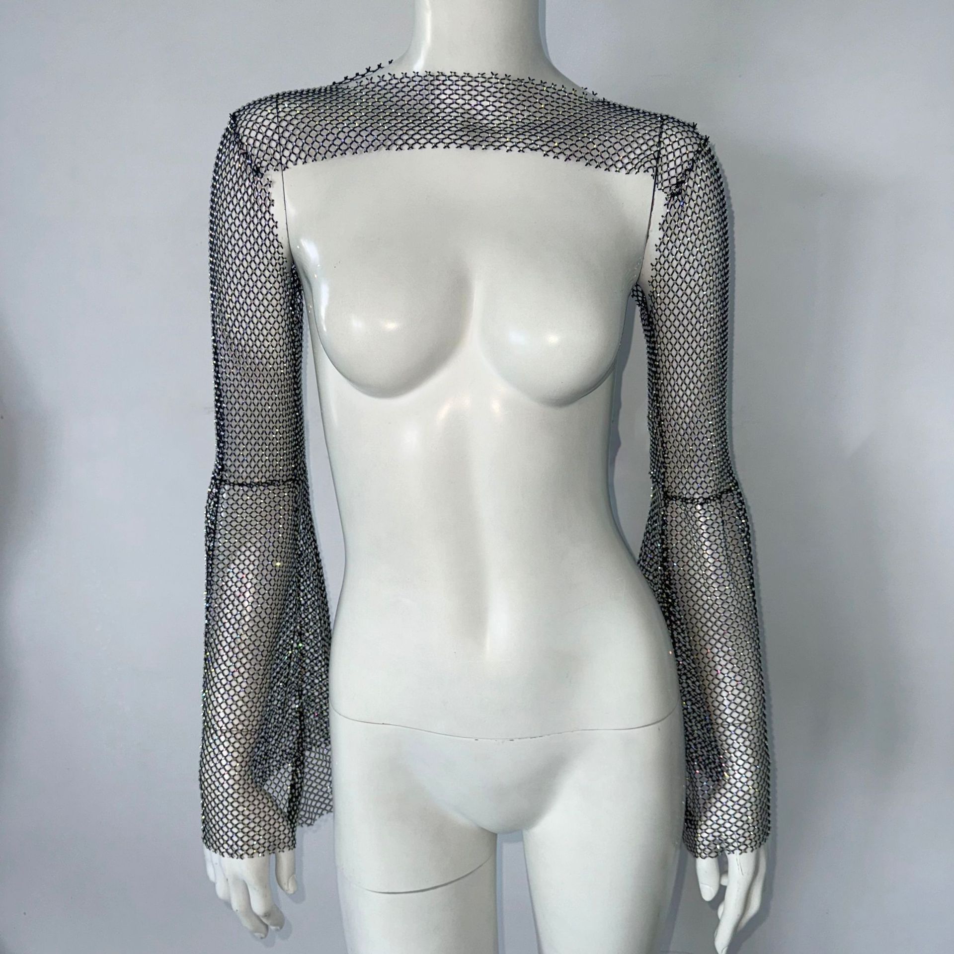 Stretch Rhinestone Fishnet Blouse