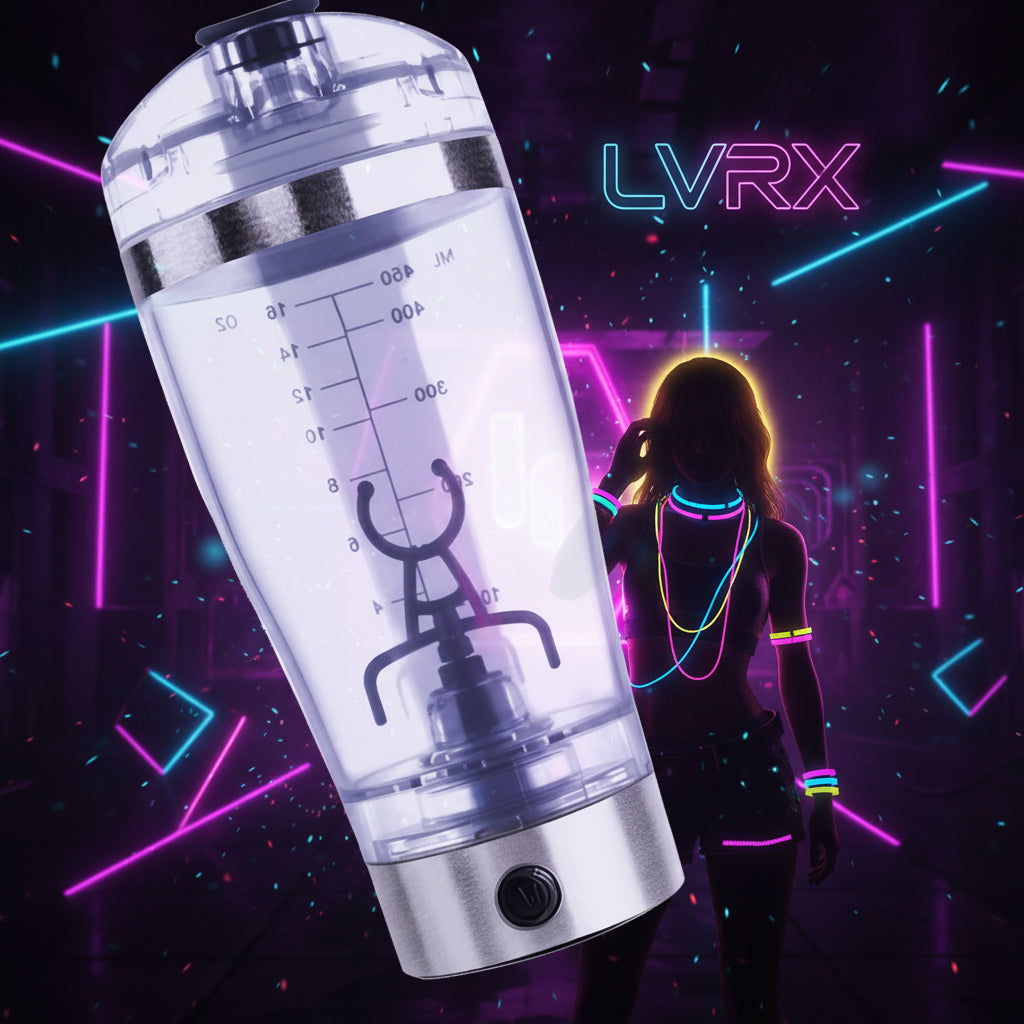 Clear protein shaker bottle with measurement markings on a white background