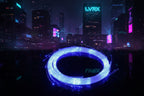Coiled blue fiber optic cable against a black background