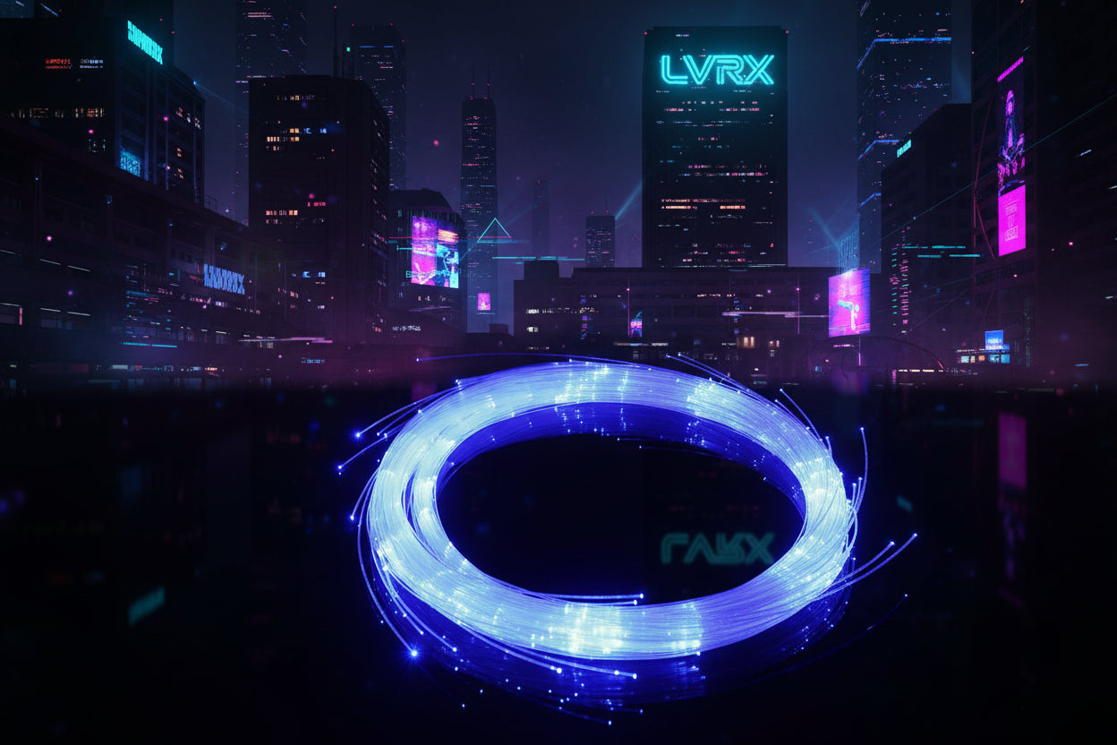 Coiled blue fiber optic cable against a black background