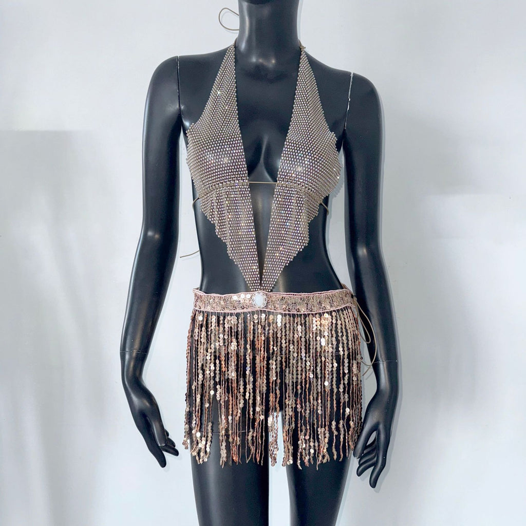 Sequin Halter Fishnet Dress