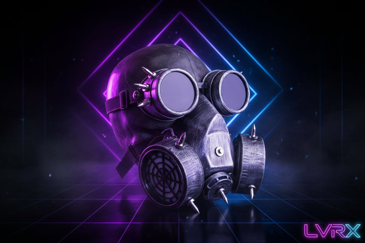 Steampunk gas mask with metallic finish and spike details on a white background