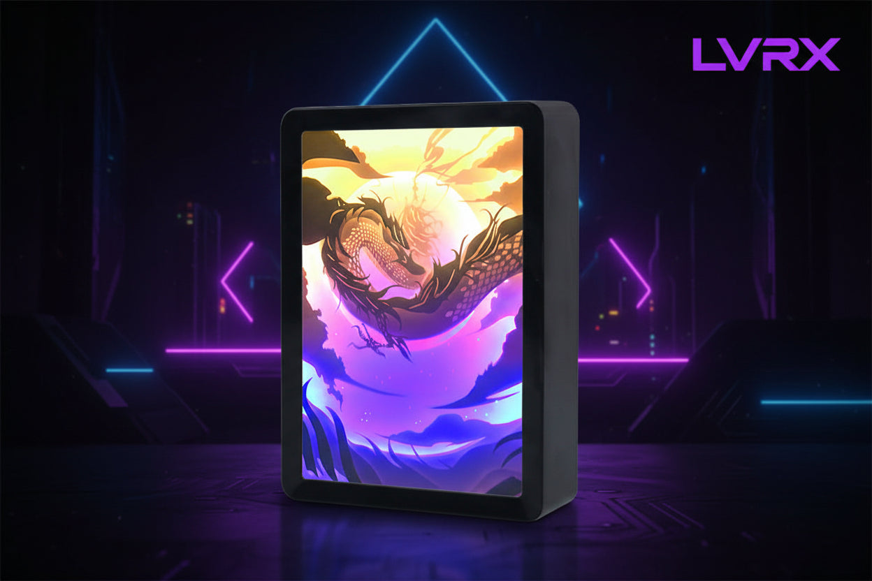 Rectangular electronic device with a dragon illustration on a colorful background