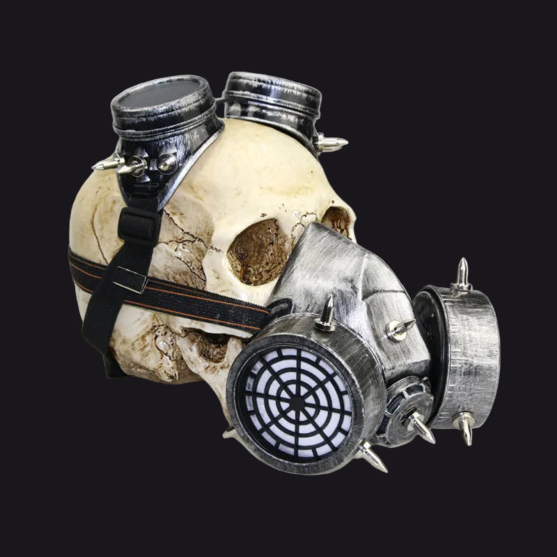 Skull with gas mask and mechanical components on a white background