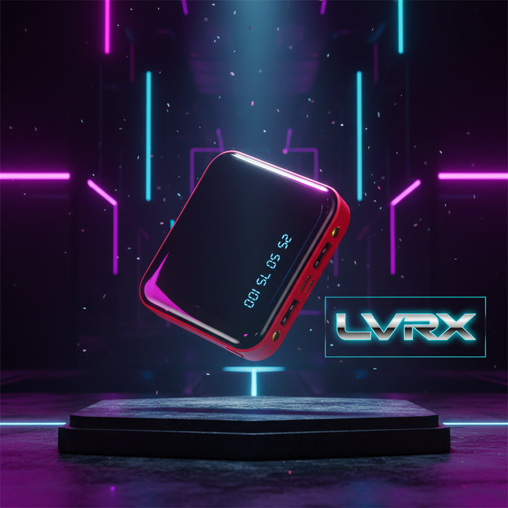 Red portable charger with multiple USB ports on a purple background