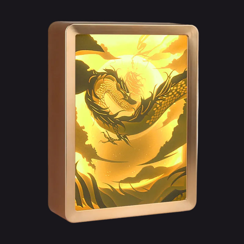 Decorative box with a dragon design on a yellow background
