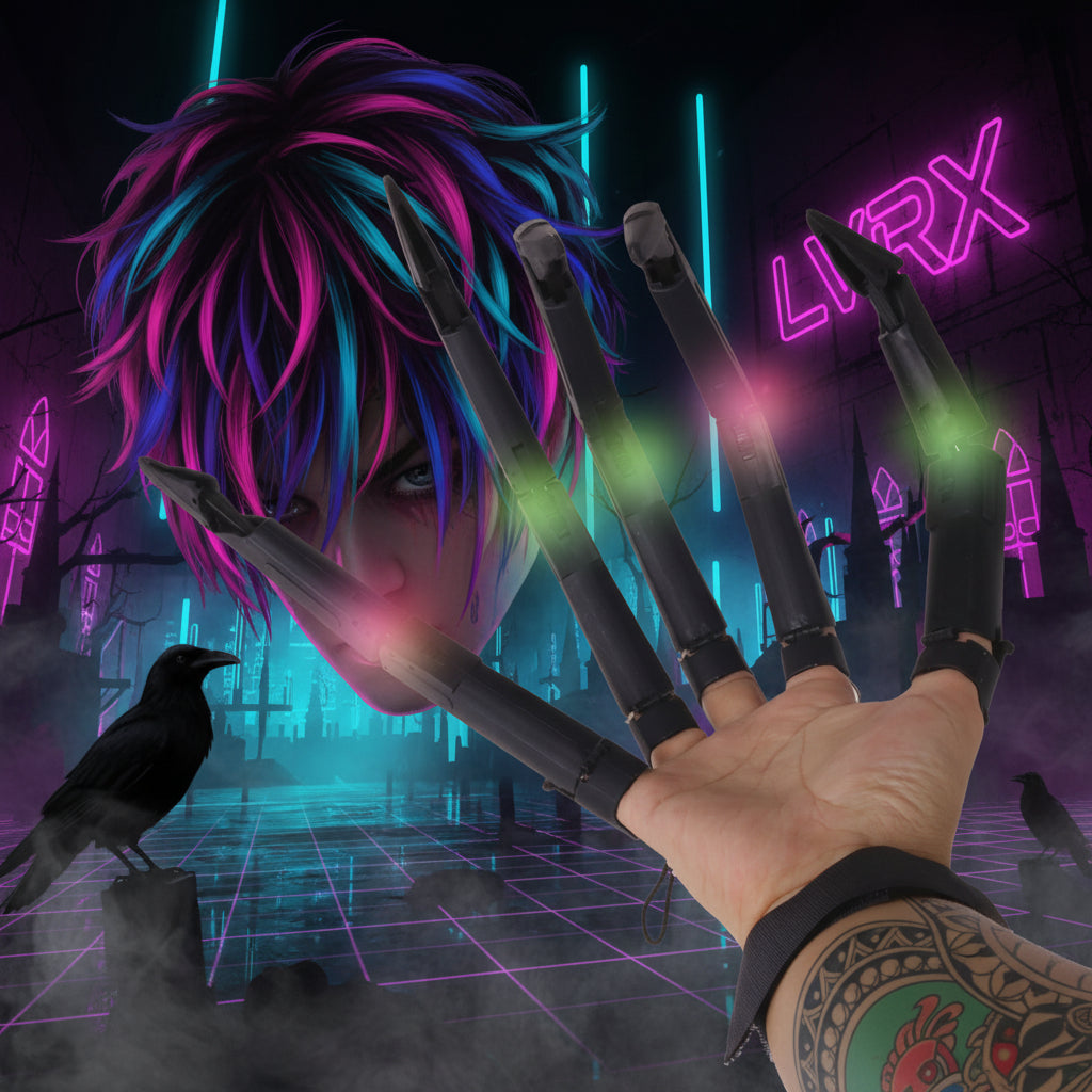 Hand wearing a glove with multiple sharp claws glowing in the dark against a spooky background.
