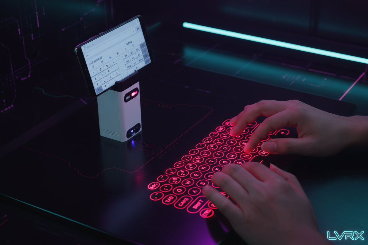 Person using a smartphone with a laser keyboard projection on a wooden surface
