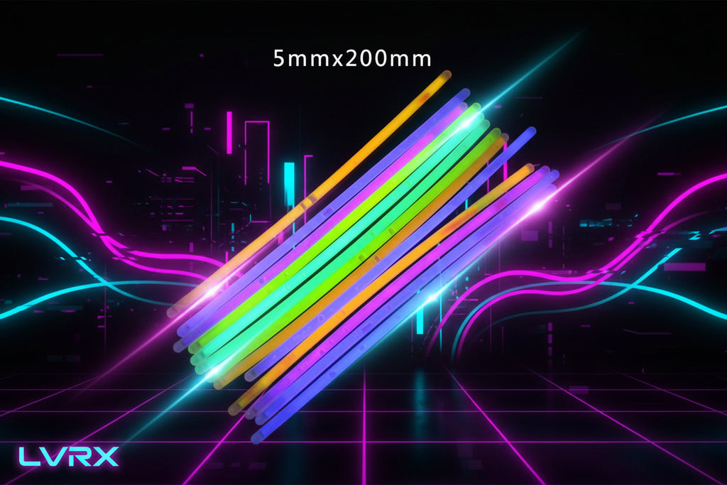 Glow sticks in various colors on a black background with dimensions 5mm x 200mm.