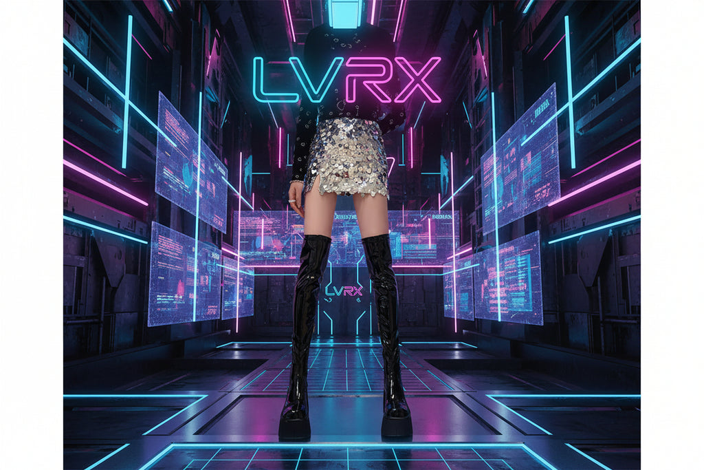 Black glossy knee-high boots worn with a sequin skirt on a neutral background