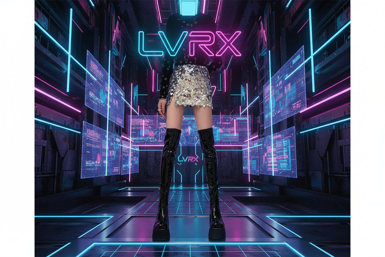 Black glossy knee-high boots worn with a sequin skirt on a neutral background