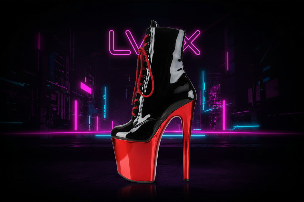 Black and red high-heeled boot 