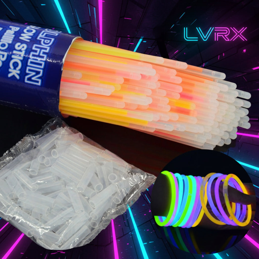 Glow sticks with packaging and connectors on a black background